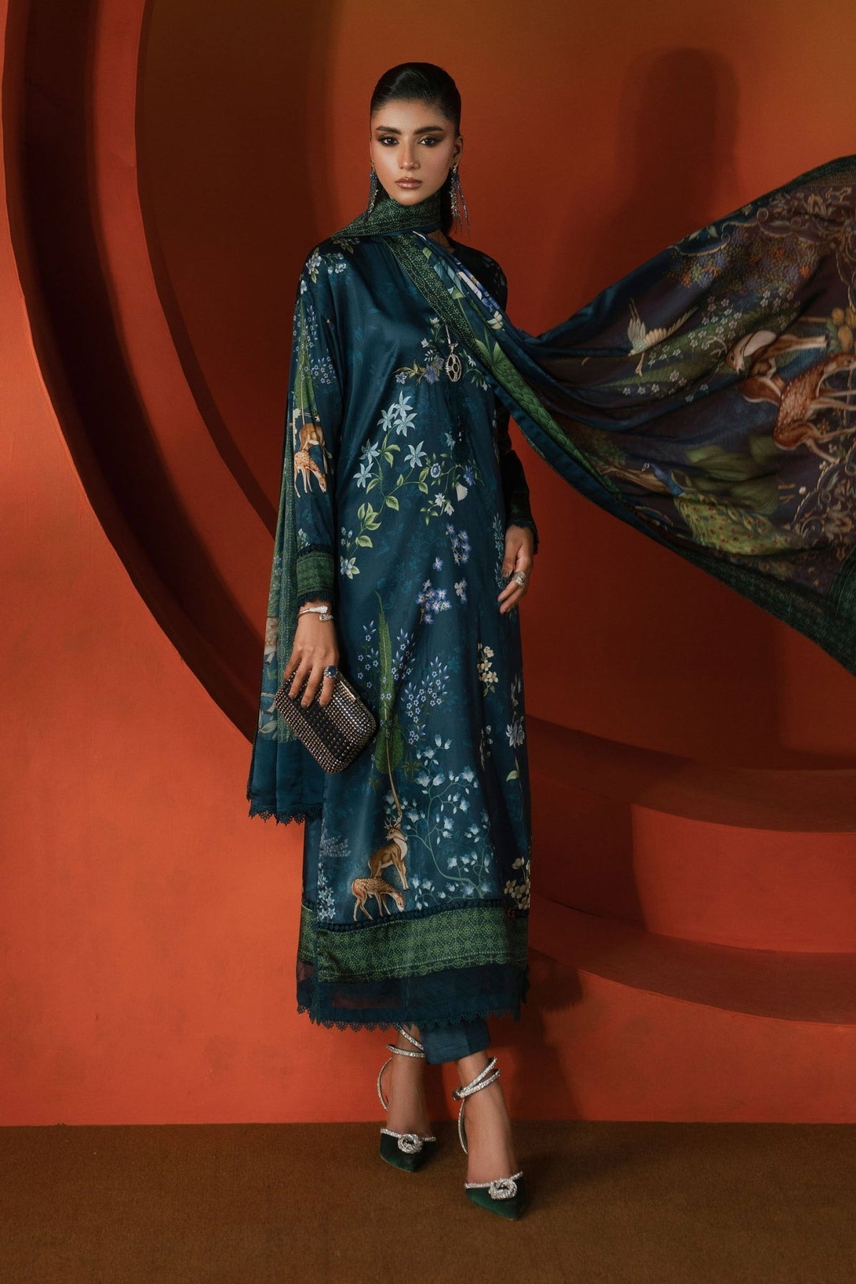 Maria B | RTW | 3 Piece Printed Satin Silk Suit-Brand:Maria B-Type:Luxury Formals-Blue - House of Maryam- Buy in UK, USA
