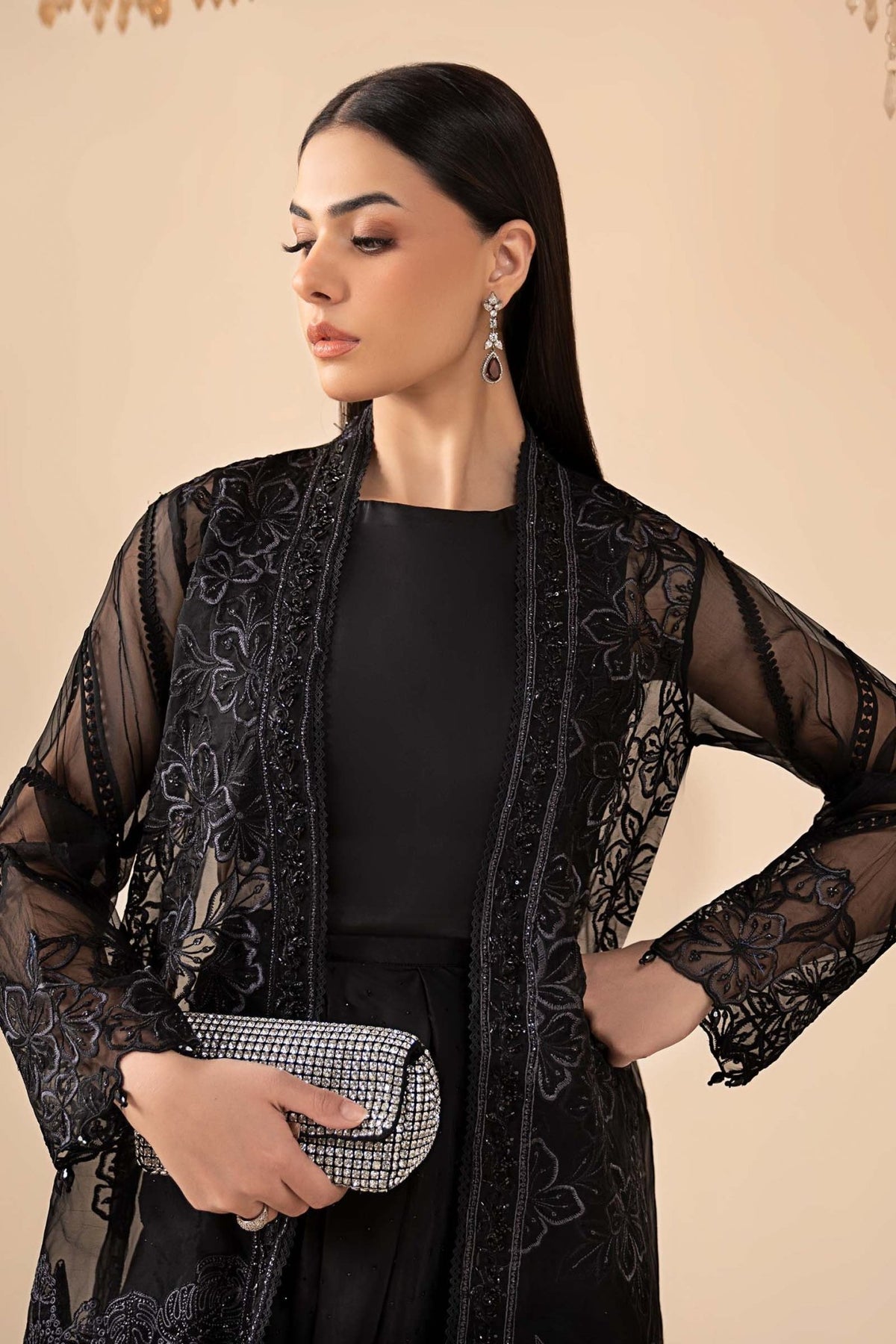 Maria B | RTW | 4 Piece Embroidered Organza Suit-Brand:Maria B-Type:Luxury Formals-Black - House of Maryam- Buy in UK, USA