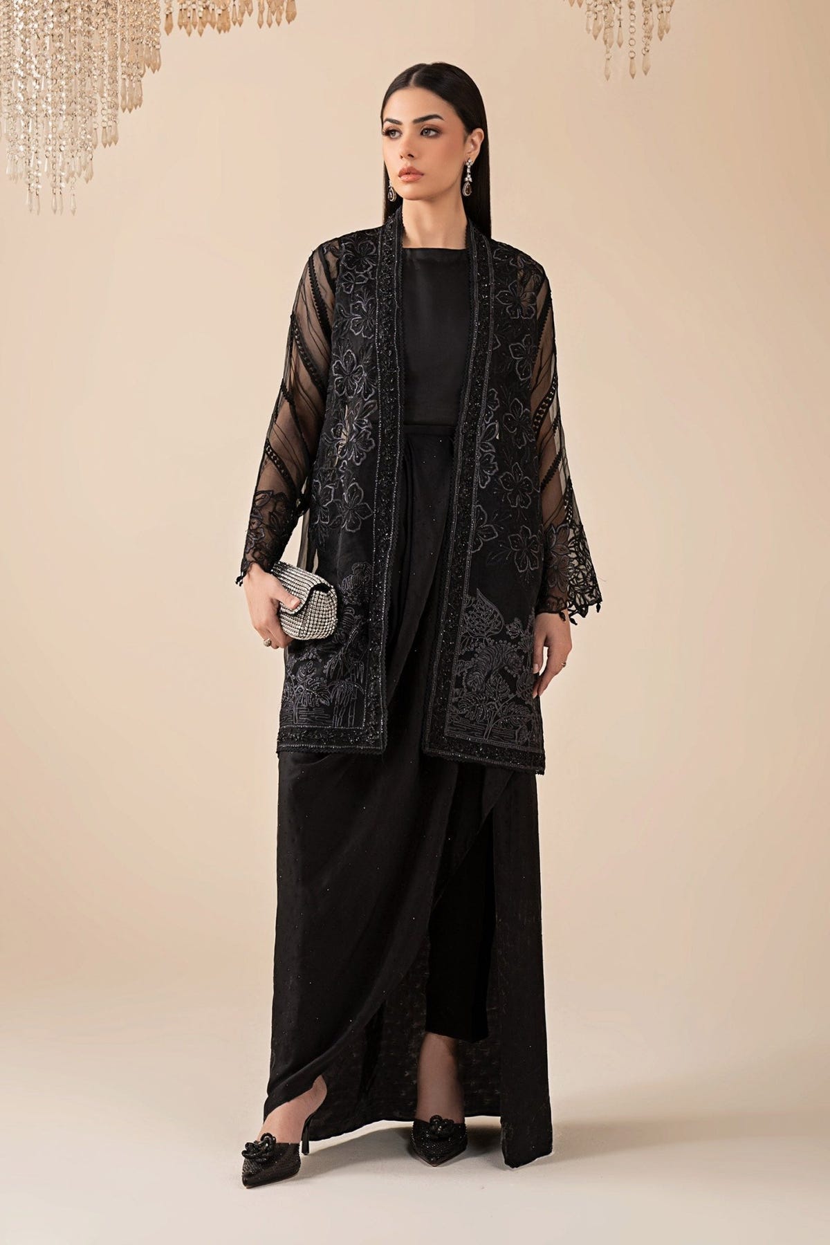 Maria B | RTW | 4 Piece Embroidered Organza Suit-Brand:Maria B-Type:Luxury Formals-Black - House of Maryam- Buy in UK, USA