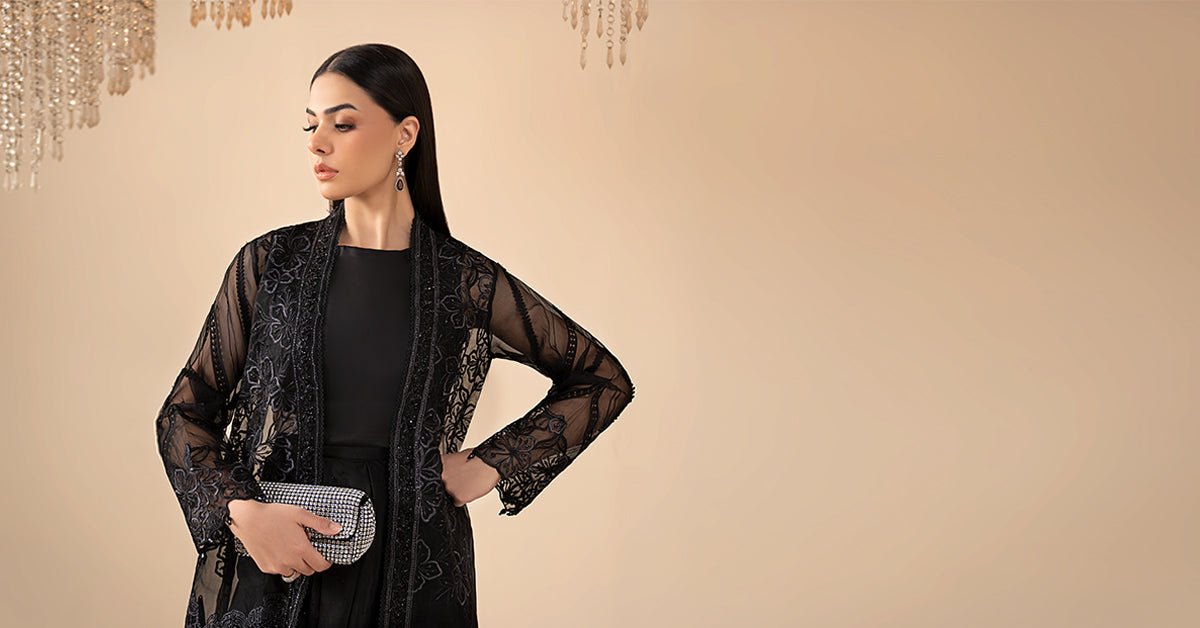 Maria B | RTW | 4 Piece Embroidered Organza Suit-Brand:Maria B-Type:Luxury Formals-Black - House of Maryam- Buy in UK, USA