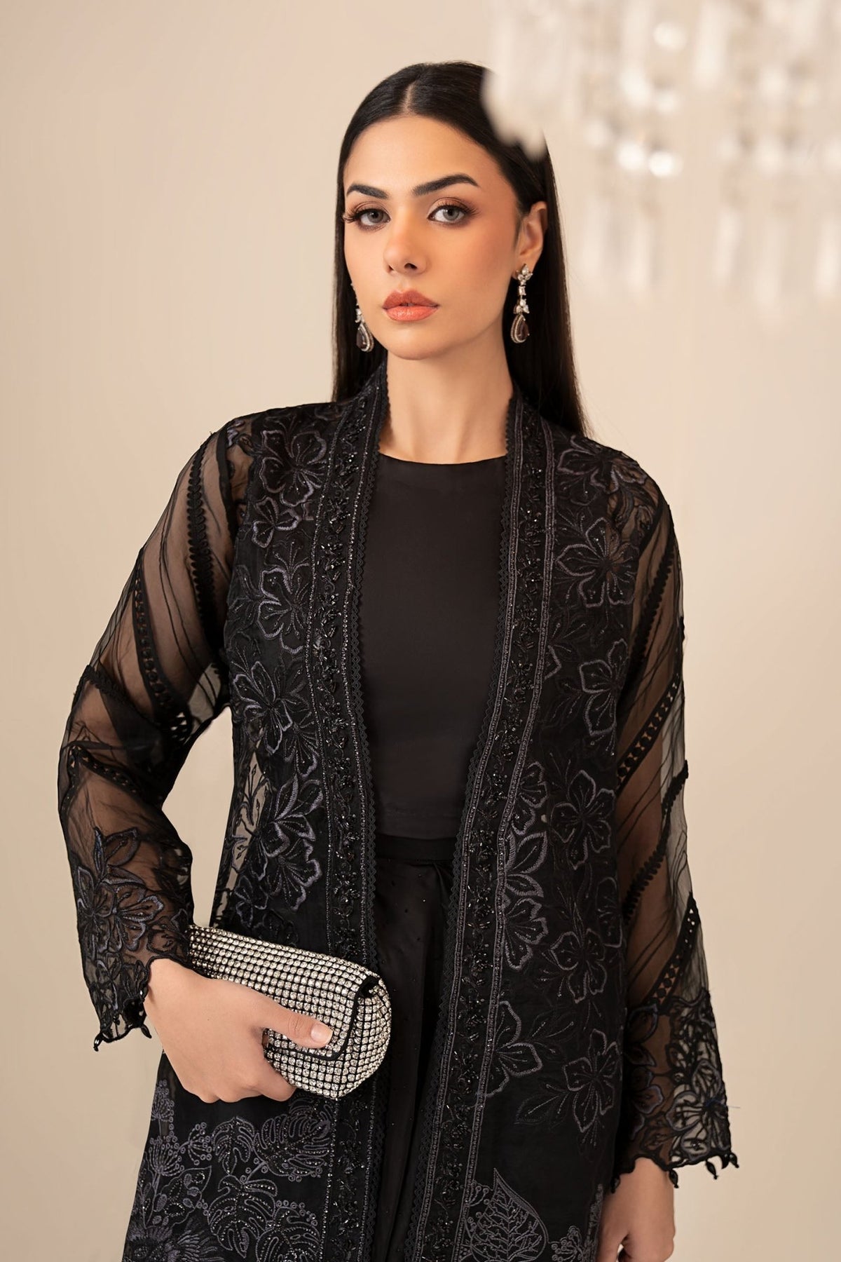 Maria B | RTW | 4 Piece Embroidered Organza Suit-Brand:Maria B-Type:Luxury Formals-Black - House of Maryam- Buy in UK, USA