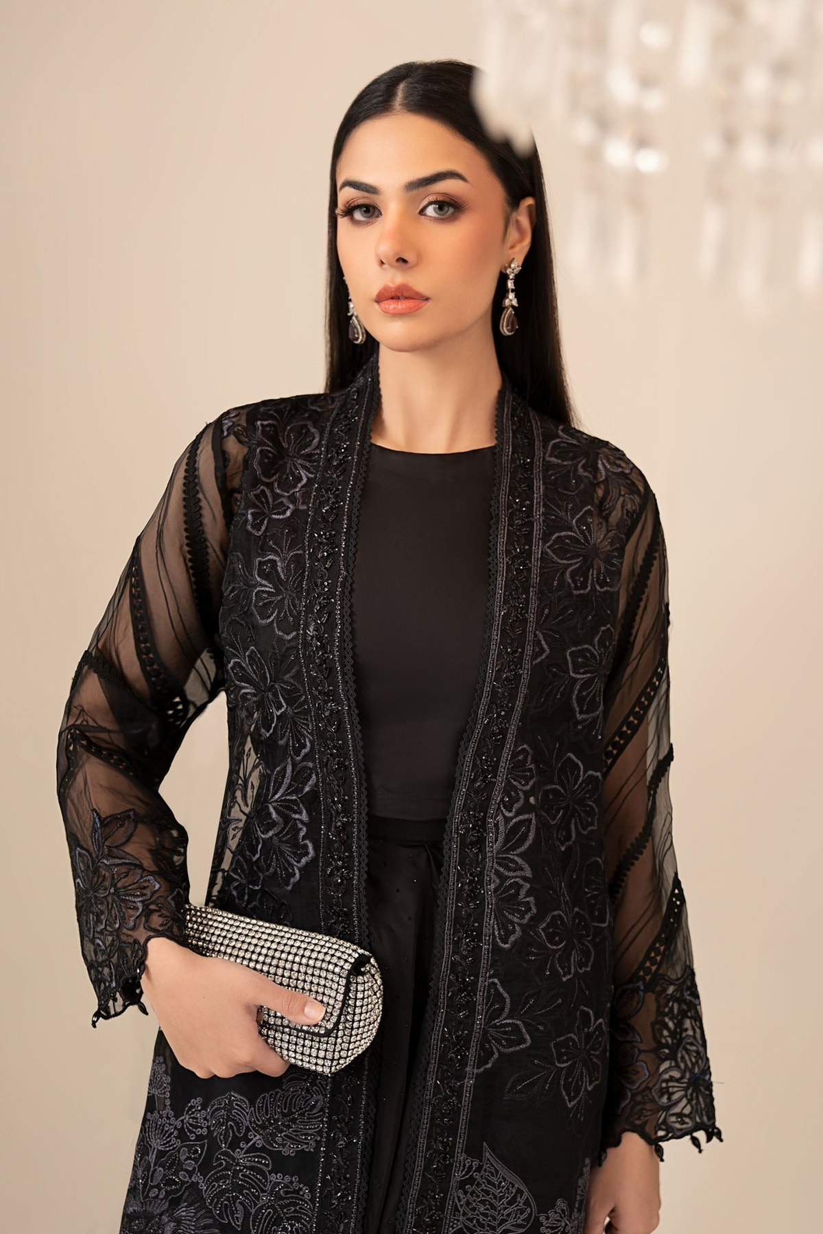 Maria B | RTW | 4 Piece Embroidered Organza Suit-Brand:Maria B-Type:Luxury Formals-Black - House of Maryam- Buy in UK, USA