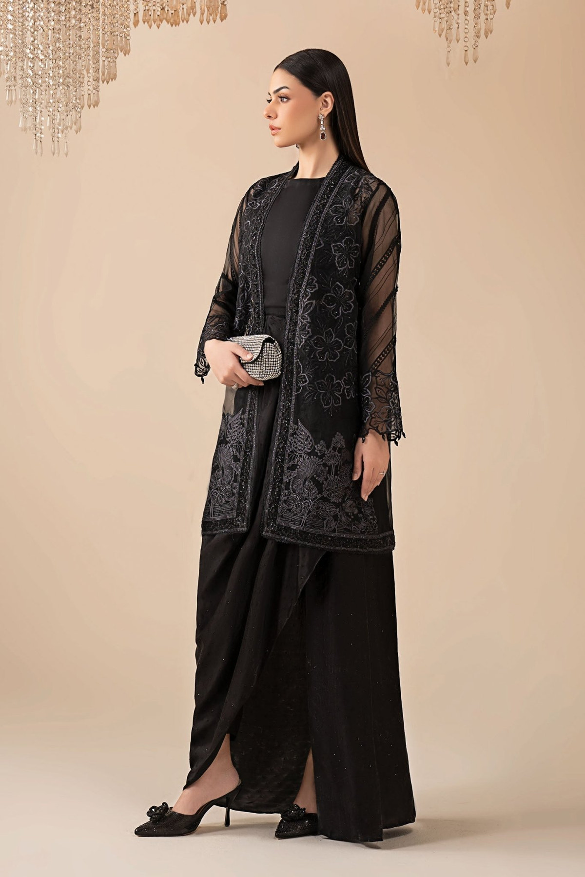 Maria B | RTW | 4 Piece Embroidered Organza Suit-Brand:Maria B-Type:Luxury Formals-Black - House of Maryam- Buy in UK, USA