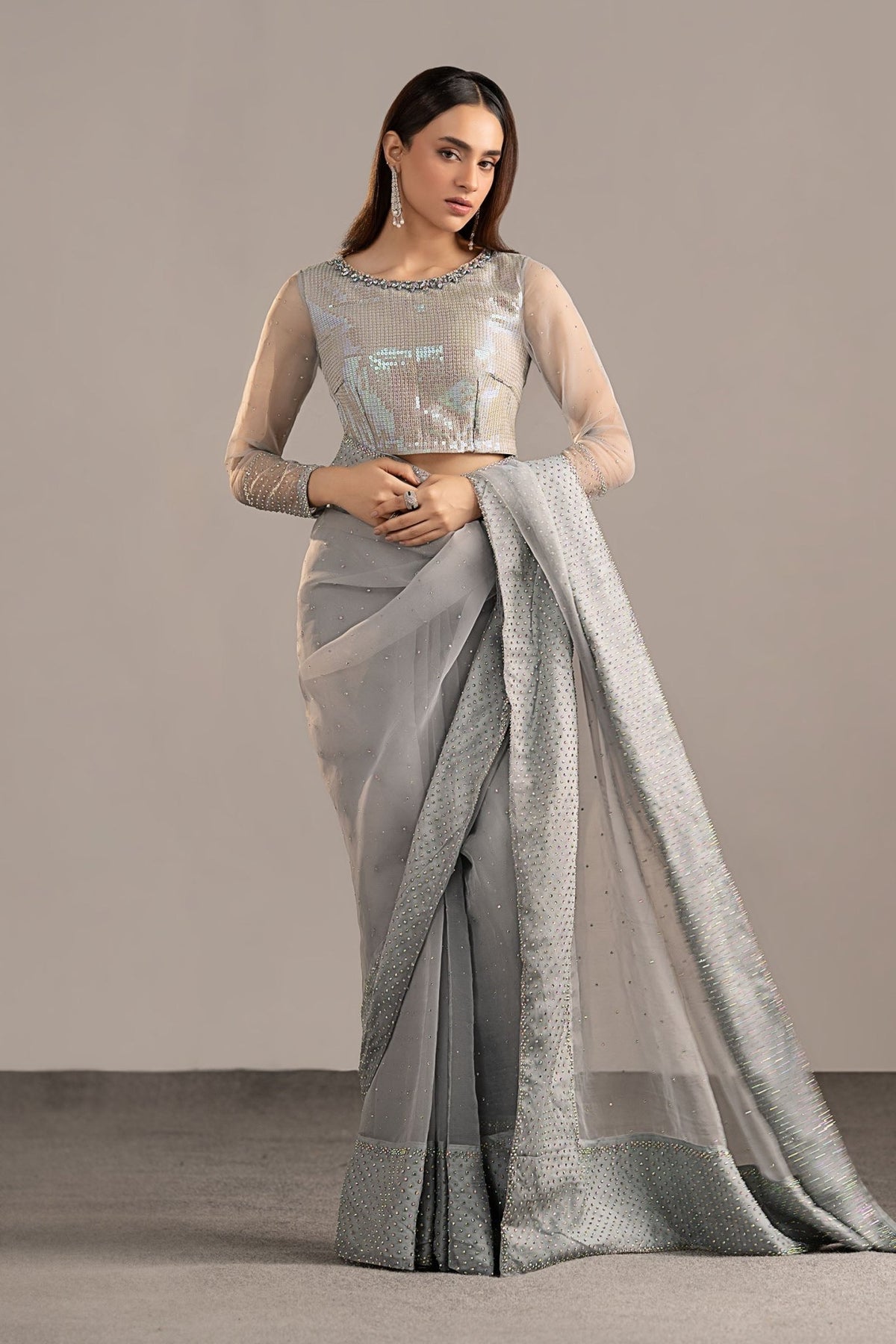 Maria B | RTW | Embellished Organza Saree-Brand:Maria B-Type:Luxury Formals-Blue - House of Maryam- Buy in UK, USA