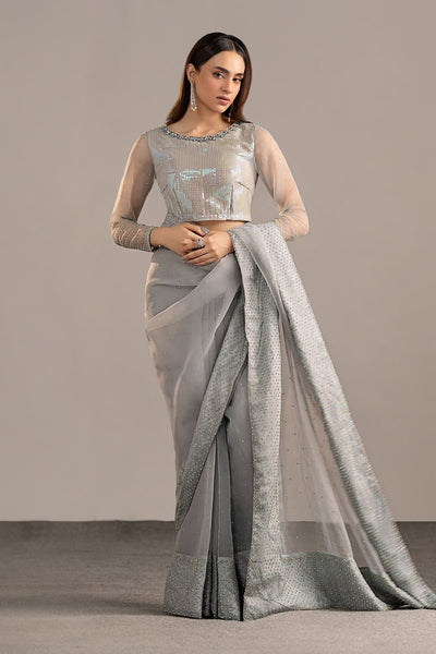 Maria B | RTW | Embellished Organza Saree-Brand:Maria B-Type:Luxury Formals-Blue - House of Maryam- Buy in UK, USA