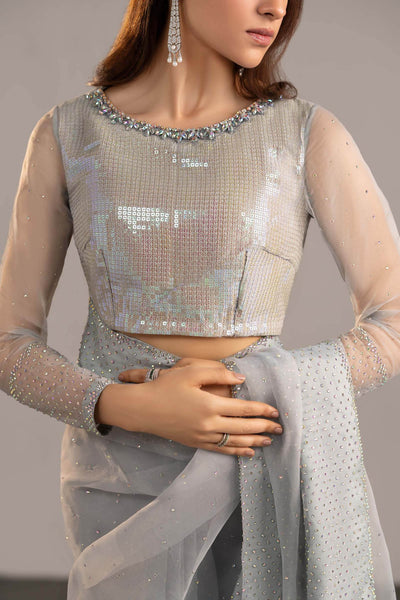 Maria B | RTW | Embellished Organza Saree-Brand:Maria B-Type:Luxury Formals-Blue - House of Maryam- Buy in UK, USA