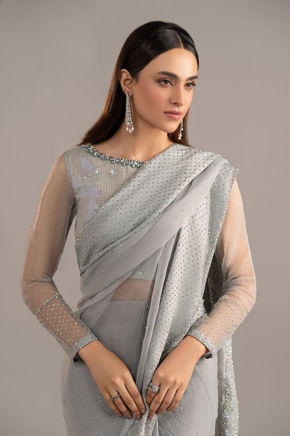 Maria B | RTW | Embellished Organza Saree-Brand:Maria B-Type:Luxury Formals-Blue - House of Maryam- Buy in UK, USA