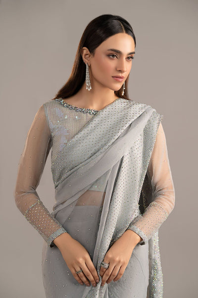 Maria B | RTW | Embellished Organza Saree-Brand:Maria B-Type:Luxury Formals-Blue - House of Maryam- Buy in UK, USA