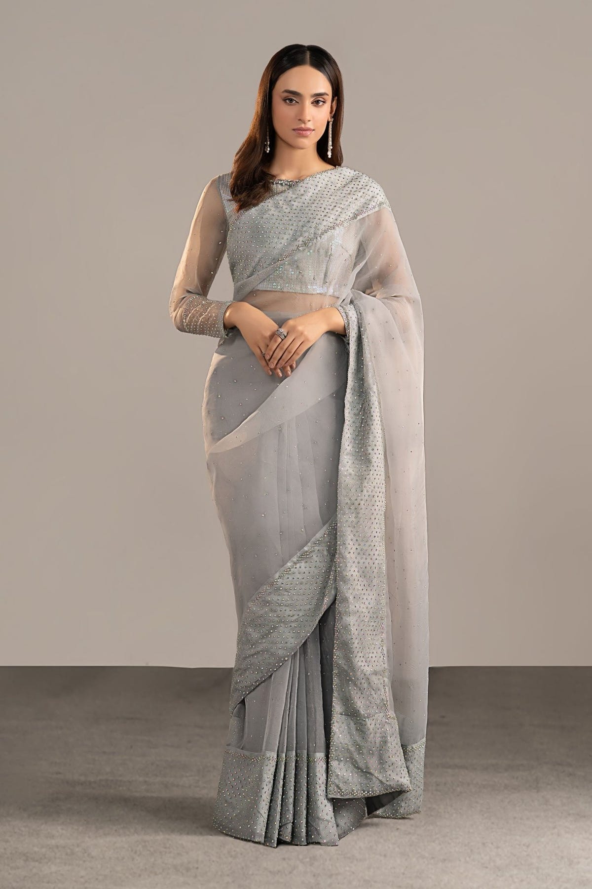 Maria B | RTW | Embellished Organza Saree-Brand:Maria B-Type:Luxury Formals-Blue - House of Maryam- Buy in UK, USA
