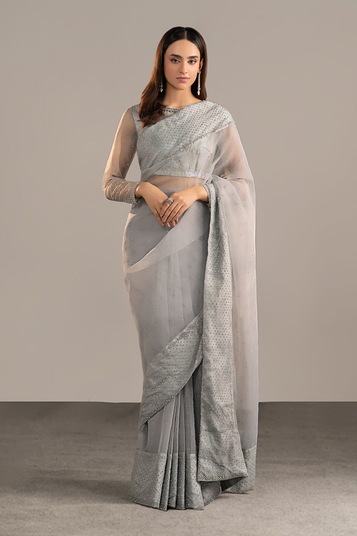 Maria B | RTW | Embellished Organza Saree-Brand:Maria B-Type:Luxury Formals-Blue - House of Maryam- Buy in UK, USA