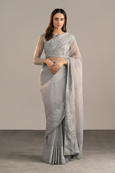 Maria B | RTW | Embellished Organza Saree-Brand:Maria B-Type:Luxury Formals-Blue - House of Maryam- Buy in UK, USA