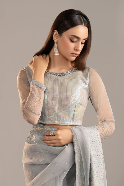 Maria B | RTW | Embellished Organza Saree-Brand:Maria B-Type:Luxury Formals-Blue - House of Maryam- Buy in UK, USA
