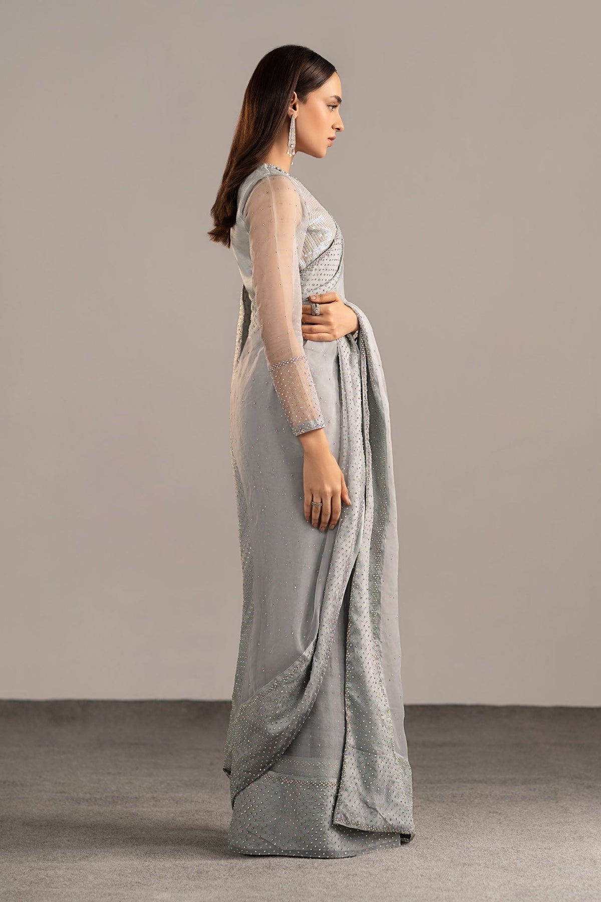 Maria B | RTW | Embellished Organza Saree-Brand:Maria B-Type:Luxury Formals-Blue - House of Maryam- Buy in UK, USA