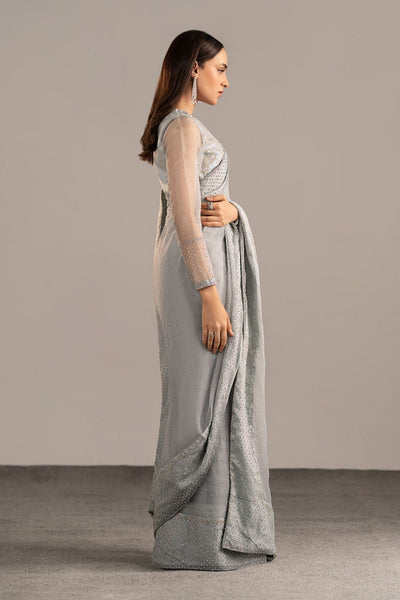 Maria B | RTW | Embellished Organza Saree-Brand:Maria B-Type:Luxury Formals-Blue - House of Maryam- Buy in UK, USA