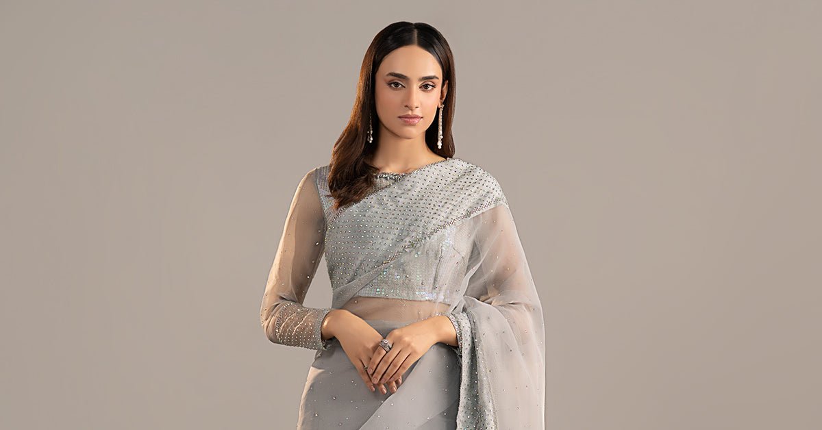 Maria B | RTW | Embellished Organza Saree-Brand:Maria B-Type:Luxury Formals-Blue - House of Maryam- Buy in UK, USA