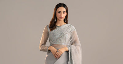 Maria B | RTW | Embellished Organza Saree-Brand:Maria B-Type:Luxury Formals-Blue - House of Maryam- Buy in UK, USA