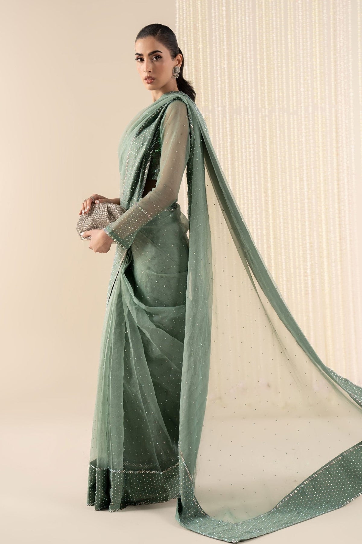 Maria B | RTW | Embellished Organza Saree-Brand:Maria B-Type:Luxury Formals-Green - House of Maryam- Buy in UK, USA