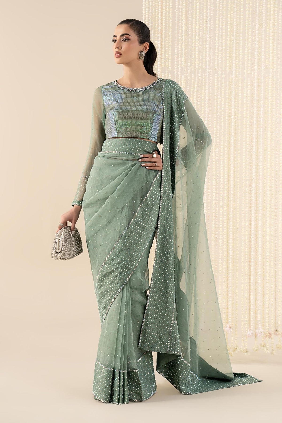 Maria B | RTW | Embellished Organza Saree-Brand:Maria B-Type:Luxury Formals-Green - House of Maryam- Buy in UK, USA