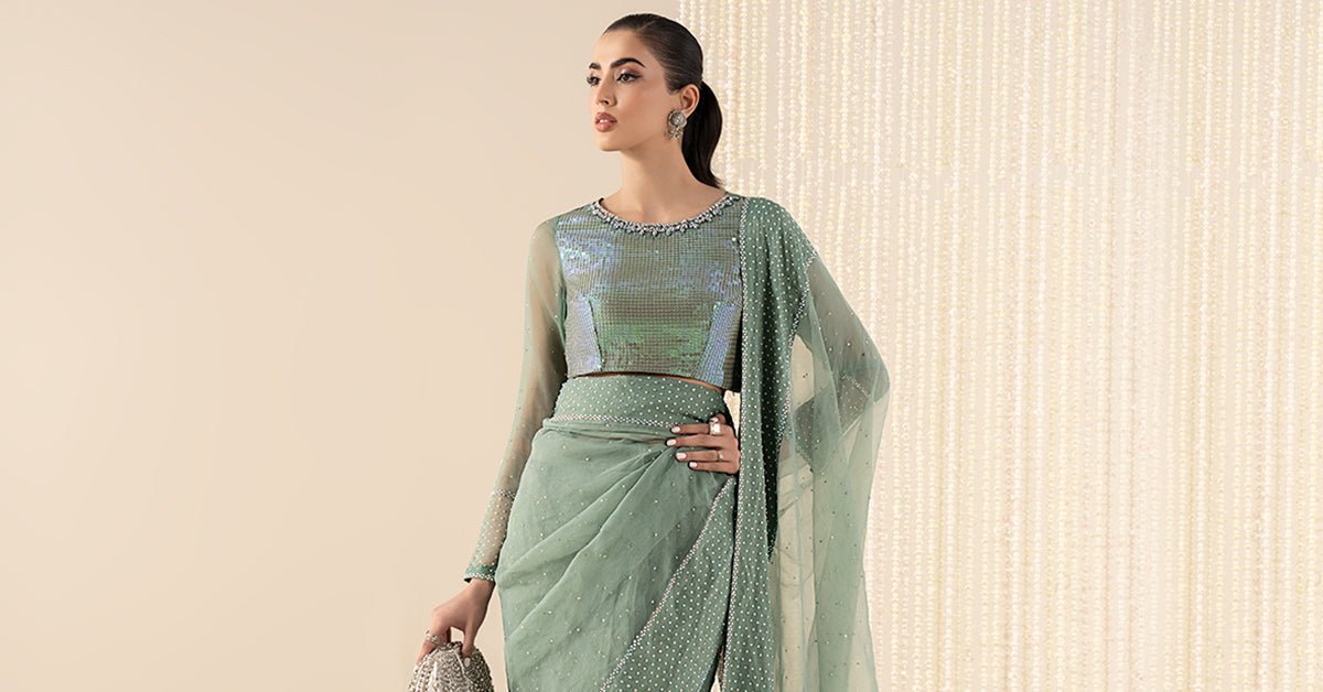 Maria B | RTW | Embellished Organza Saree-Brand:Maria B-Type:Luxury Formals-Green - House of Maryam- Buy in UK, USA