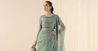 Maria B | RTW | Embellished Organza Saree-Brand:Maria B-Type:Luxury Formals-Green - House of Maryam- Buy in UK, USA