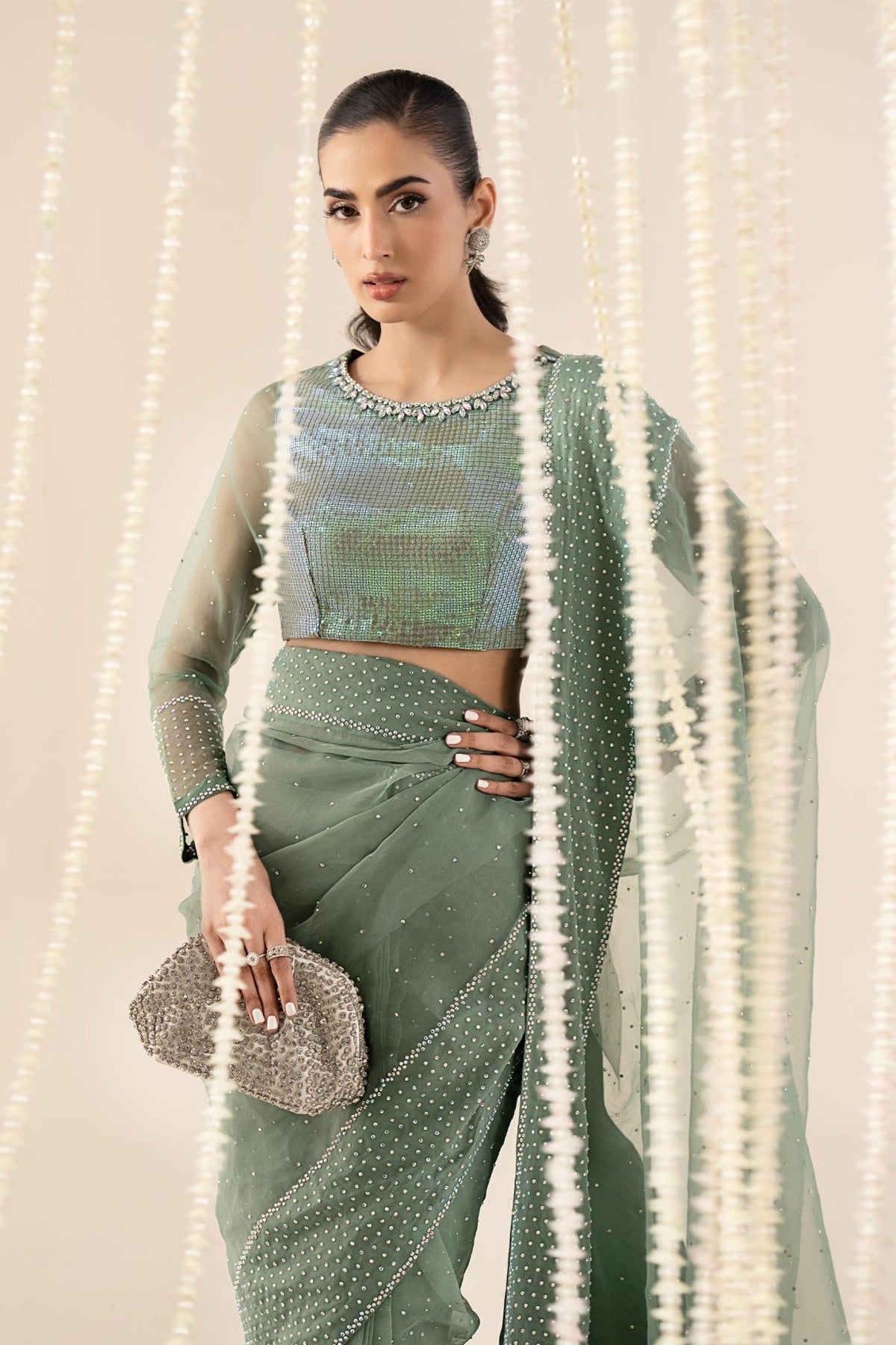Maria B | RTW | Embellished Organza Saree-Brand:Maria B-Type:Luxury Formals-Green - House of Maryam- Buy in UK, USA