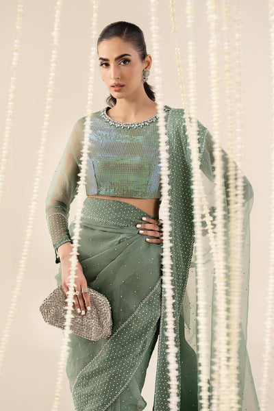 Maria B | RTW | Embellished Organza Saree-Brand:Maria B-Type:Luxury Formals-Green - House of Maryam- Buy in UK, USA