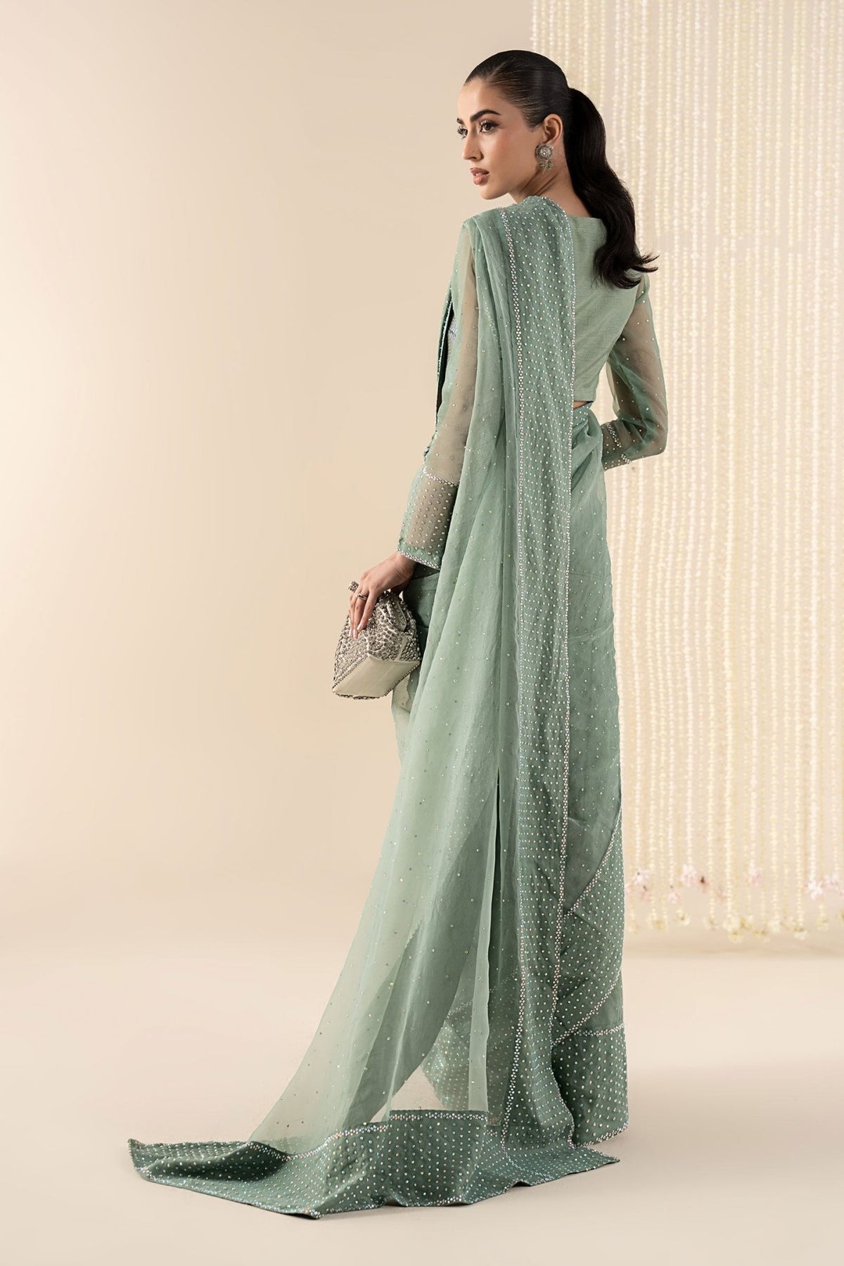 Maria B | RTW | Embellished Organza Saree-Brand:Maria B-Type:Luxury Formals-Green - House of Maryam- Buy in UK, USA