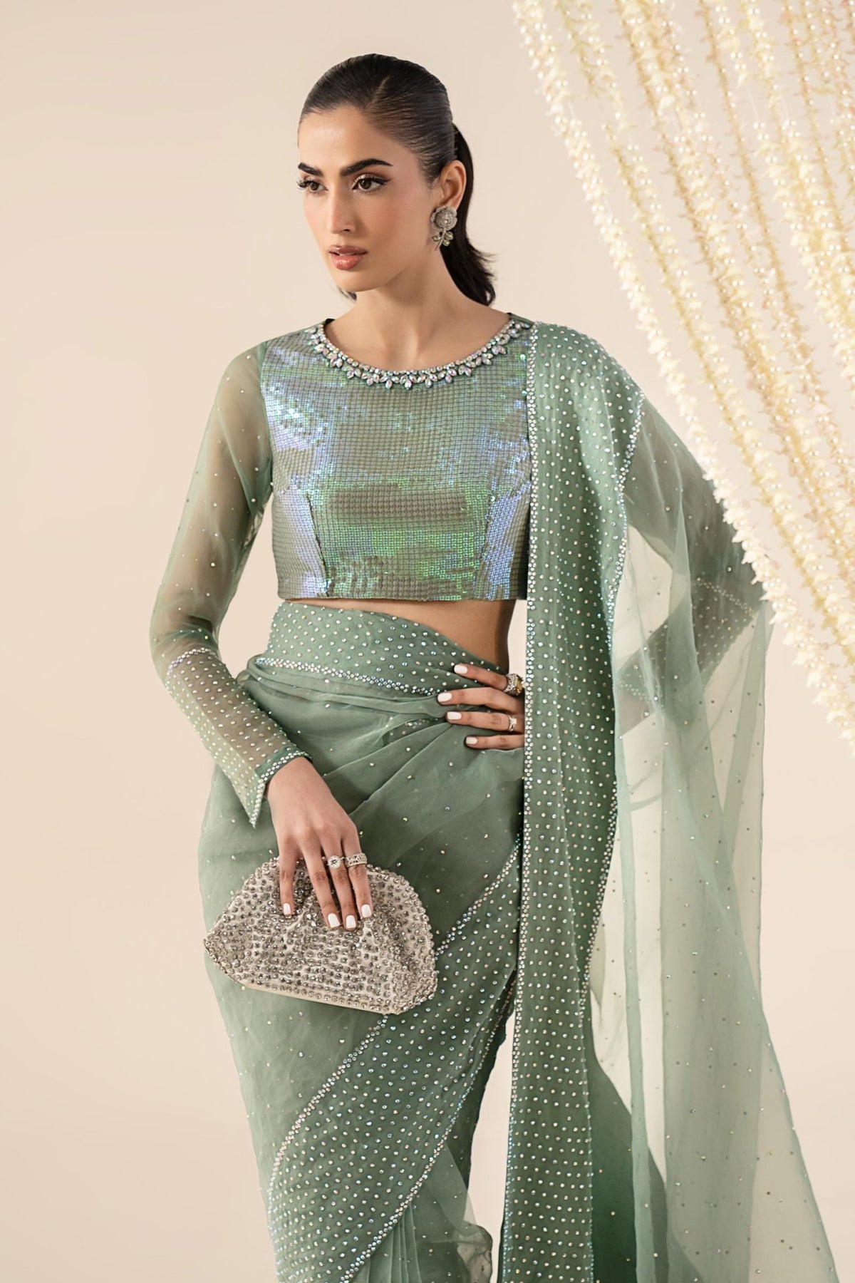 Maria B | RTW | Embellished Organza Saree-Brand:Maria B-Type:Luxury Formals-Green - House of Maryam- Buy in UK, USA