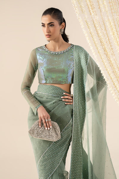 Maria B | RTW | Embellished Organza Saree-Brand:Maria B-Type:Luxury Formals-Green - House of Maryam- Buy in UK, USA