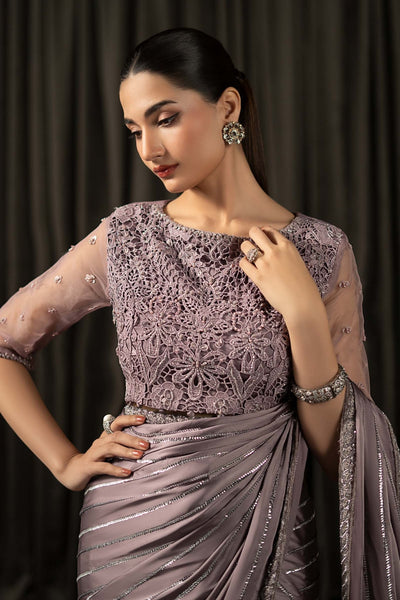 Maria B | RTW | Embroidered Charmeuse Silk Saree-Brand:Maria B-Type:Luxury Formals-Purple - House of Maryam- Buy in UK, USA