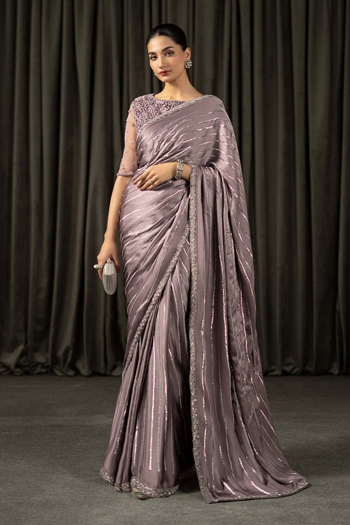 Maria B | RTW | Embroidered Charmeuse Silk Saree-Brand:Maria B-Type:Luxury Formals-Purple - House of Maryam- Buy in UK, USA