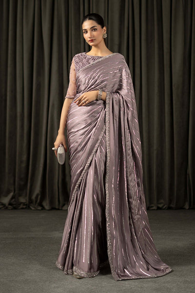 Maria B | RTW | Embroidered Charmeuse Silk Saree-Brand:Maria B-Type:Luxury Formals-Purple - House of Maryam- Buy in UK, USA