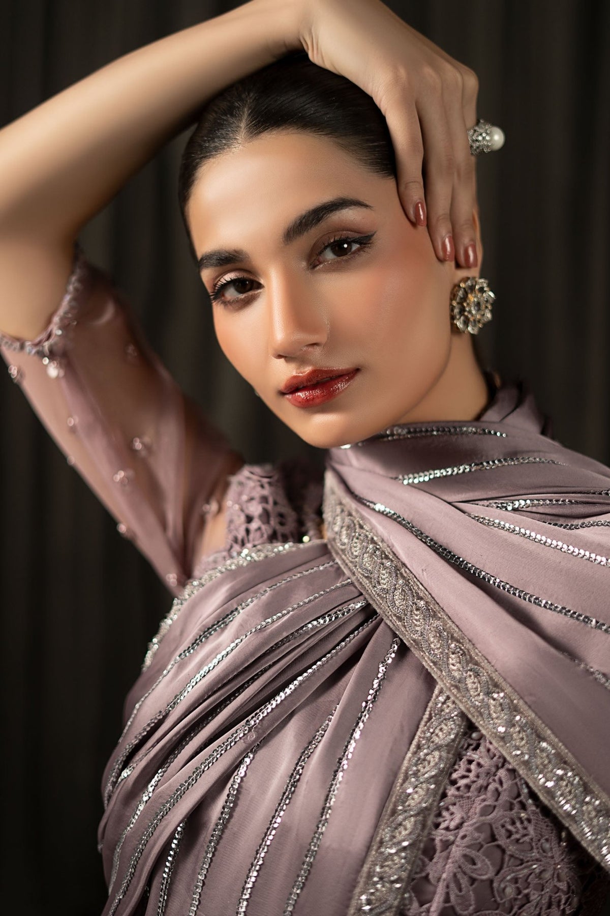 Maria B | RTW | Embroidered Charmeuse Silk Saree-Brand:Maria B-Type:Luxury Formals-Purple - House of Maryam- Buy in UK, USA