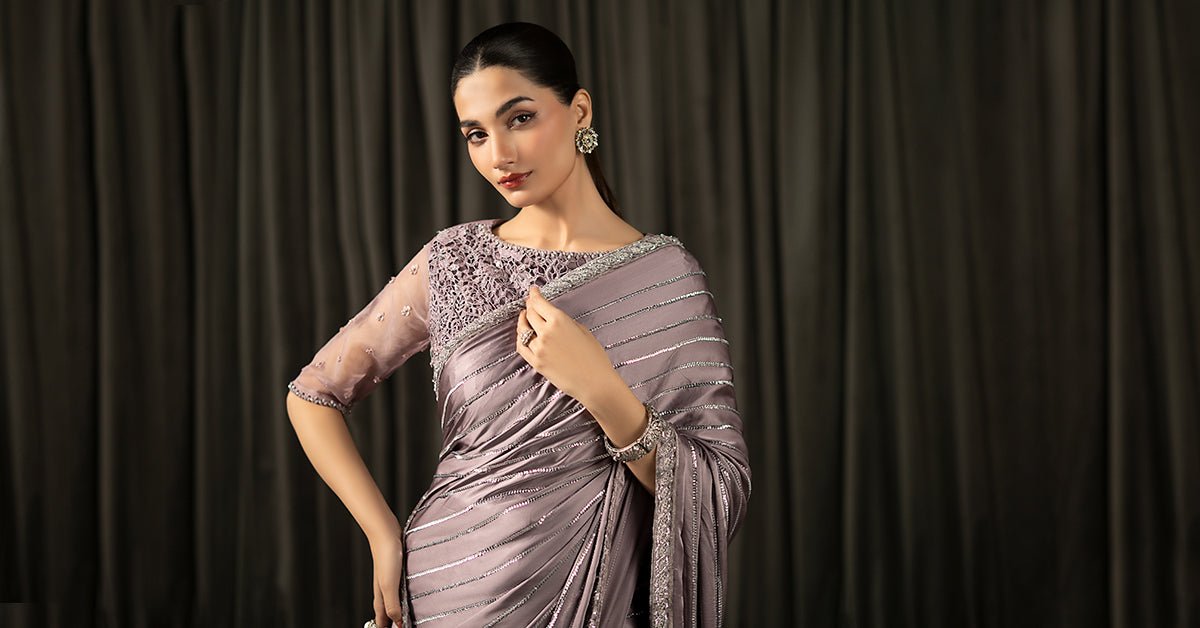 Maria B | RTW | Embroidered Charmeuse Silk Saree-Brand:Maria B-Type:Luxury Formals-Purple - House of Maryam- Buy in UK, USA