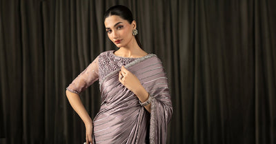 Maria B | RTW | Embroidered Charmeuse Silk Saree-Brand:Maria B-Type:Luxury Formals-Purple - House of Maryam- Buy in UK, USA