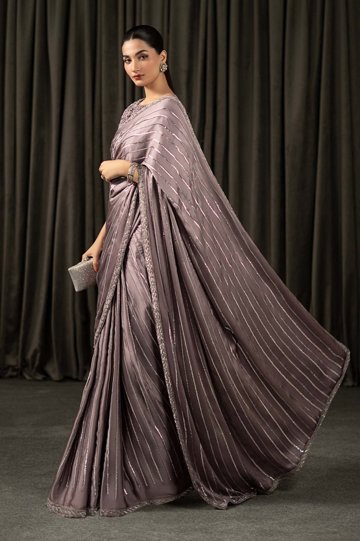 Maria B | RTW | Embroidered Charmeuse Silk Saree-Brand:Maria B-Type:Luxury Formals-Purple - House of Maryam- Buy in UK, USA