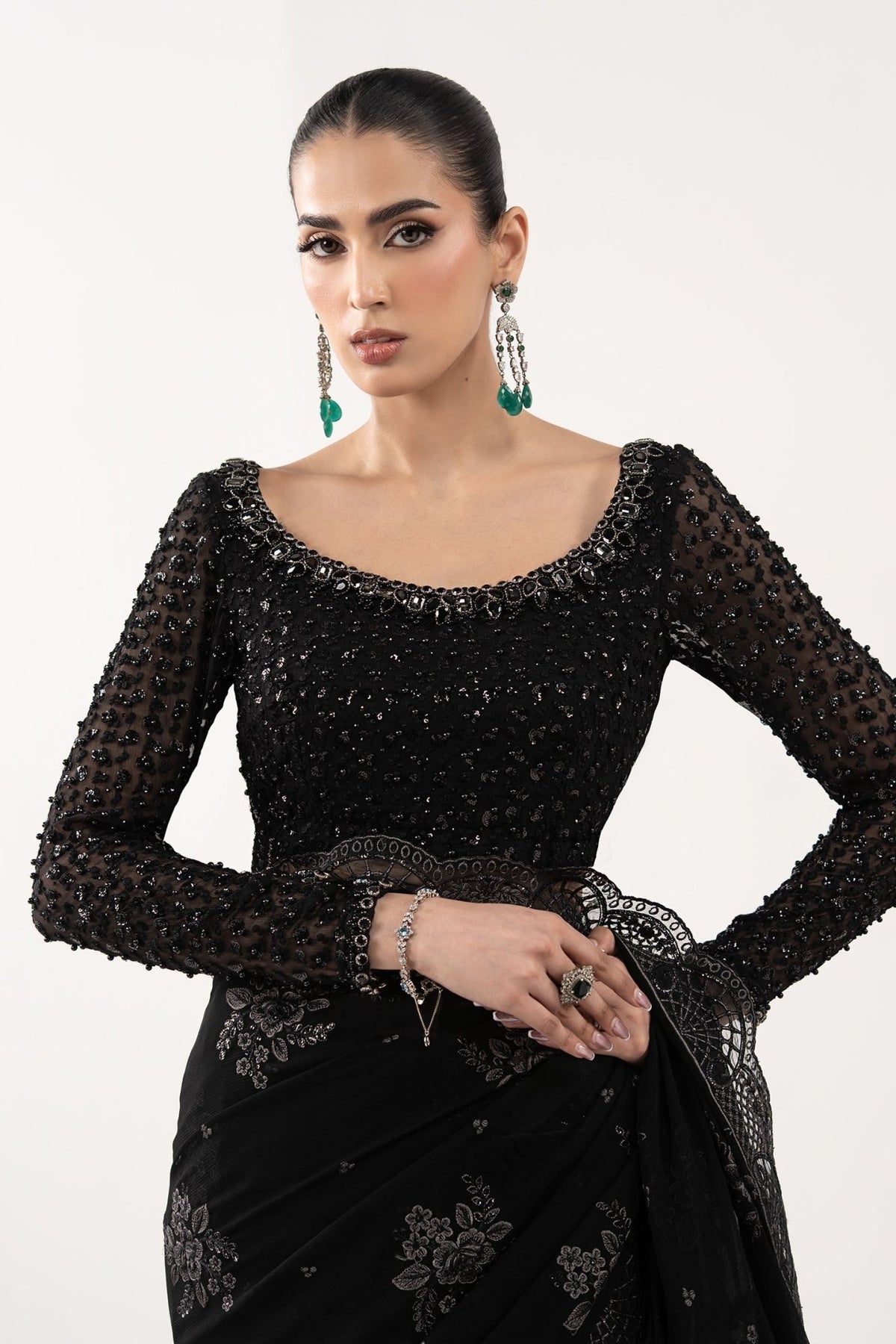 Maria B | RTW | Embroidered Chiffon Saree-Brand:Maria B-Type:Luxury Formals-Black - House of Maryam- Buy in UK, USA