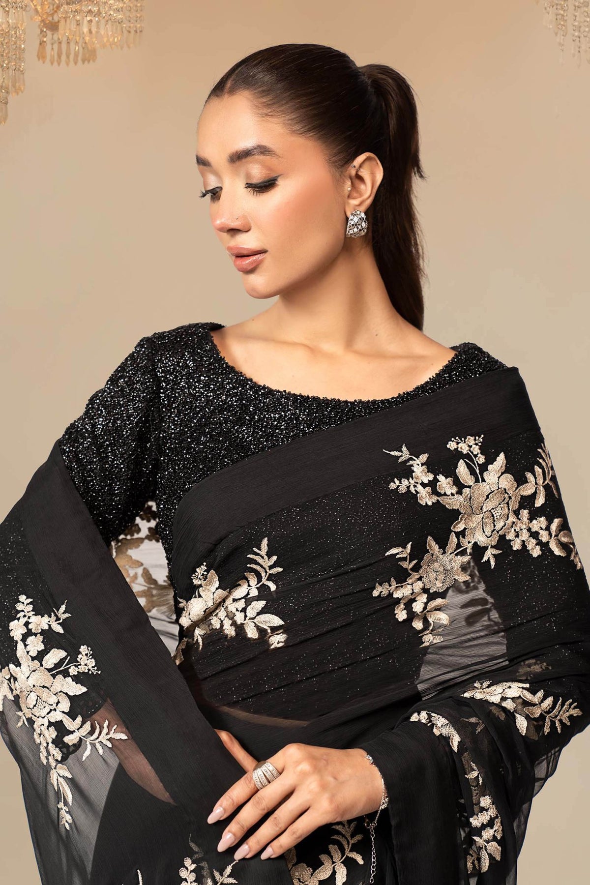 Maria B | RTW | Embroidered Chiffon Saree-Brand:Maria B-Type:Luxury Formals-Black - House of Maryam- Buy in UK, USA