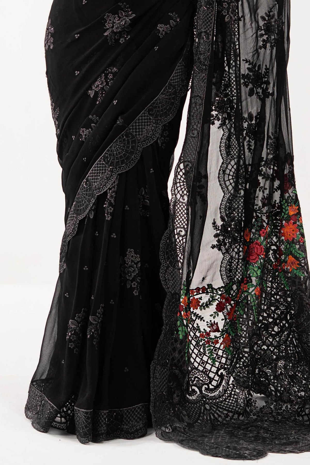 Maria B | RTW | Embroidered Chiffon Saree-Brand:Maria B-Type:Luxury Formals-Black - House of Maryam- Buy in UK, USA
