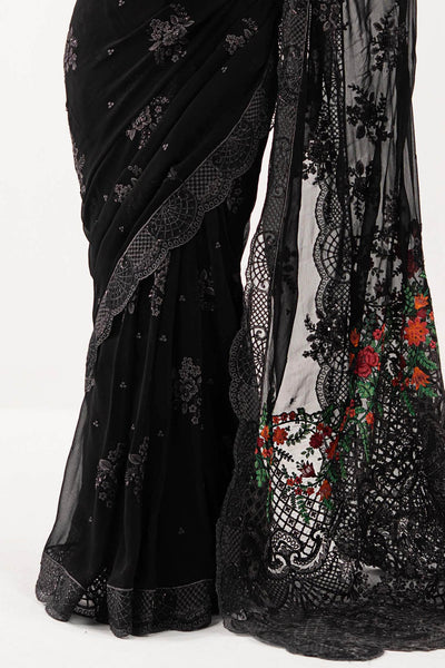 Maria B | RTW | Embroidered Chiffon Saree-Brand:Maria B-Type:Luxury Formals-Black - House of Maryam- Buy in UK, USA
