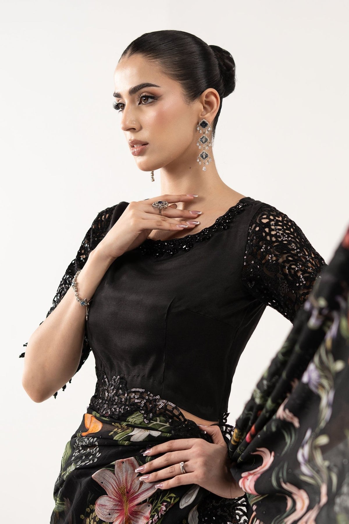 Maria B | RTW | Embroidered Chiffon Saree-Brand:Maria B-Type:Luxury Formals-Black - House of Maryam- Buy in UK, USA