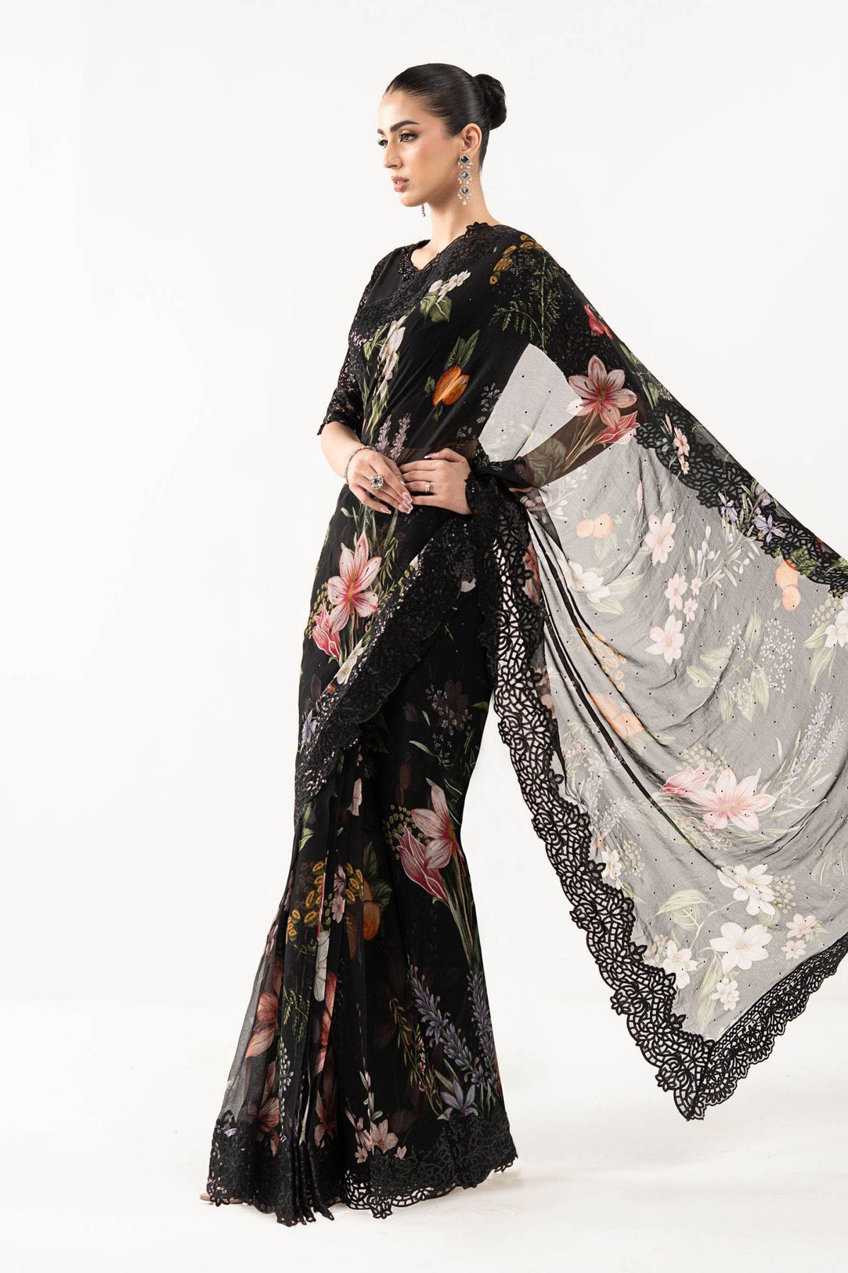 Maria B | RTW | Embroidered Chiffon Saree-Brand:Maria B-Type:Luxury Formals-Black - House of Maryam- Buy in UK, USA