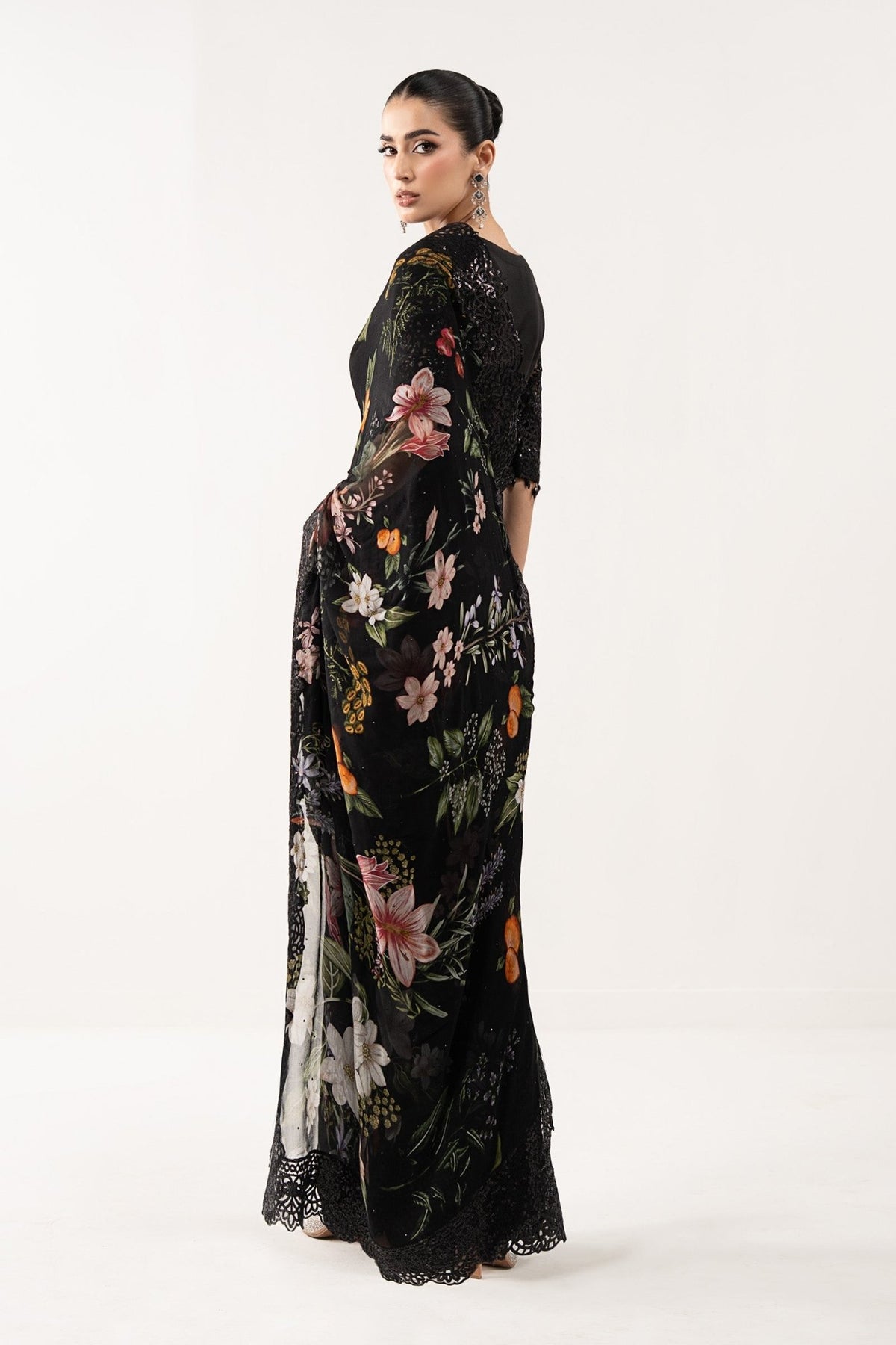 Maria B | RTW | Embroidered Chiffon Saree-Brand:Maria B-Type:Luxury Formals-Black - House of Maryam- Buy in UK, USA