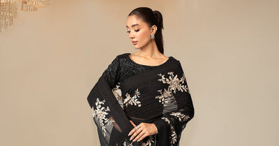 Maria B | RTW | Embroidered Chiffon Saree-Brand:Maria B-Type:Luxury Formals-Black - House of Maryam- Buy in UK, USA