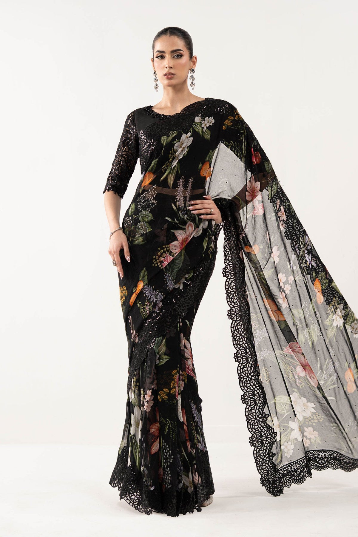 Maria B | RTW | Embroidered Chiffon Saree-Brand:Maria B-Type:Luxury Formals-Black - House of Maryam- Buy in UK, USA