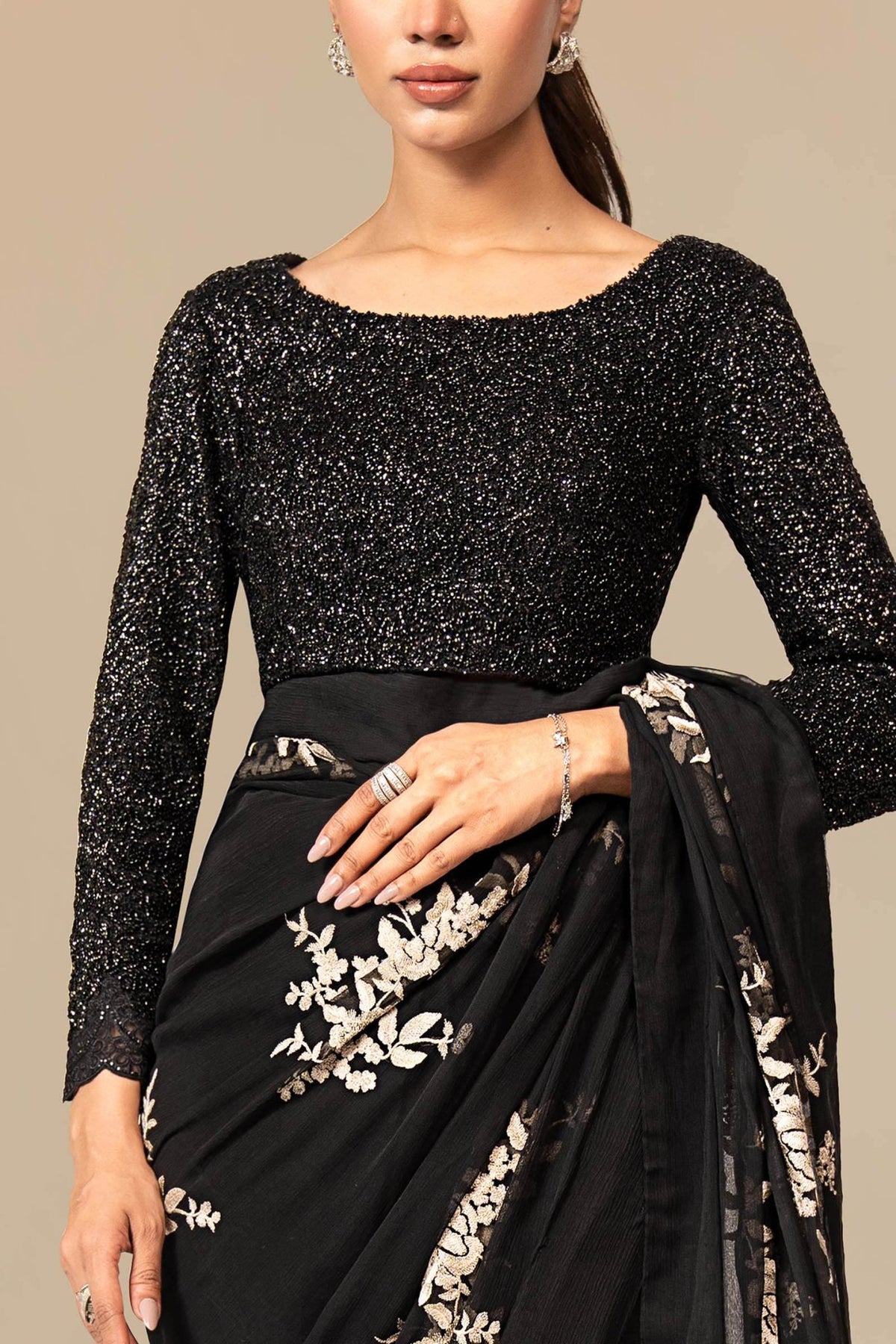 Maria B | RTW | Embroidered Chiffon Saree-Brand:Maria B-Type:Luxury Formals-Black - House of Maryam- Buy in UK, USA