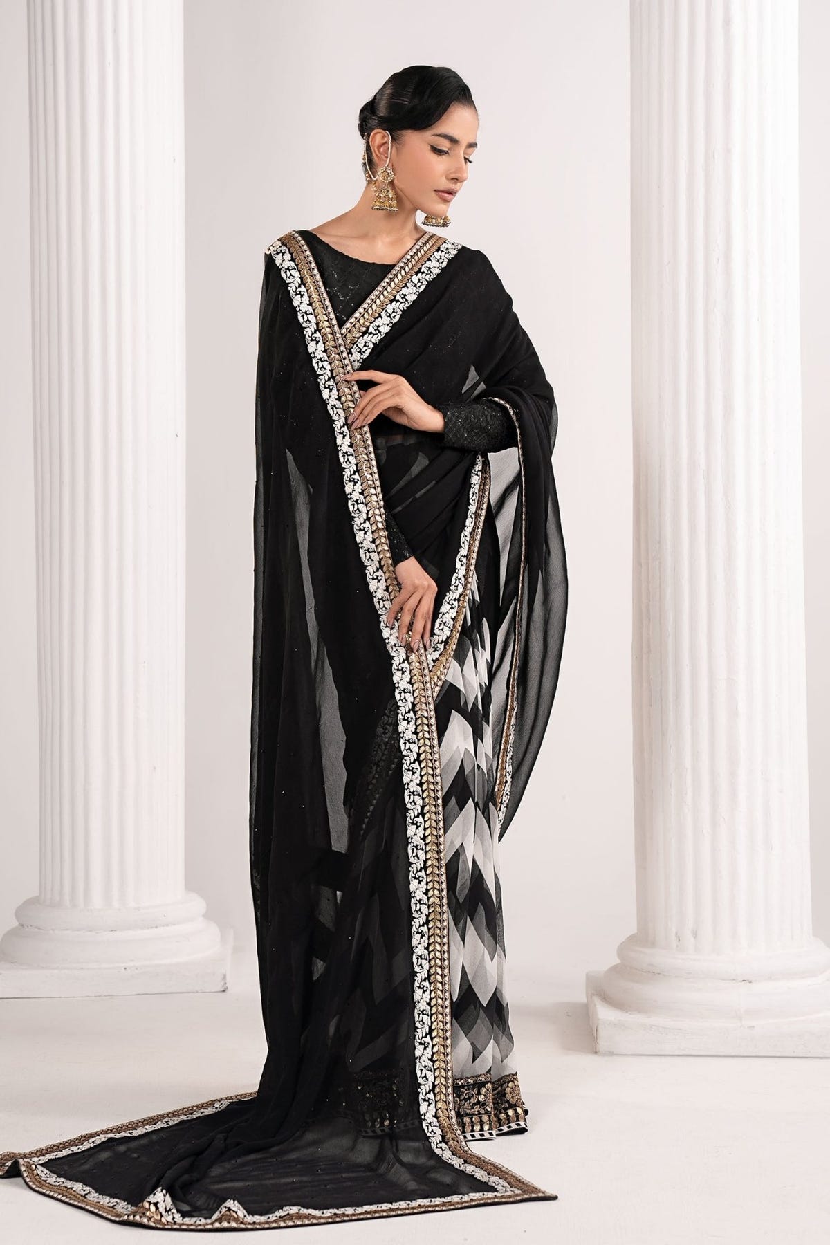 Maria B | RTW | Embroidered Chiffon Saree-Brand:Maria B-Type:Luxury Formals-Black - House of Maryam- Buy in UK, USA