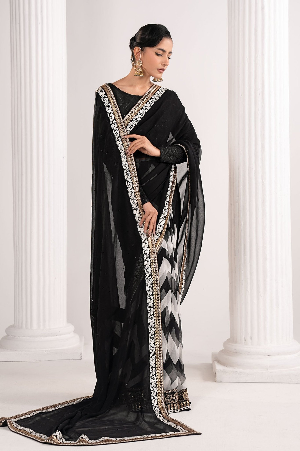 Maria B | RTW | Embroidered Chiffon Saree-Brand:Maria B-Type:Luxury Formals-Black - House of Maryam- Buy in UK, USA