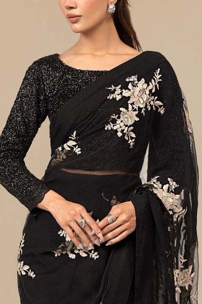 Maria B | RTW | Embroidered Chiffon Saree-Brand:Maria B-Type:Luxury Formals-Black - House of Maryam- Buy in UK, USA