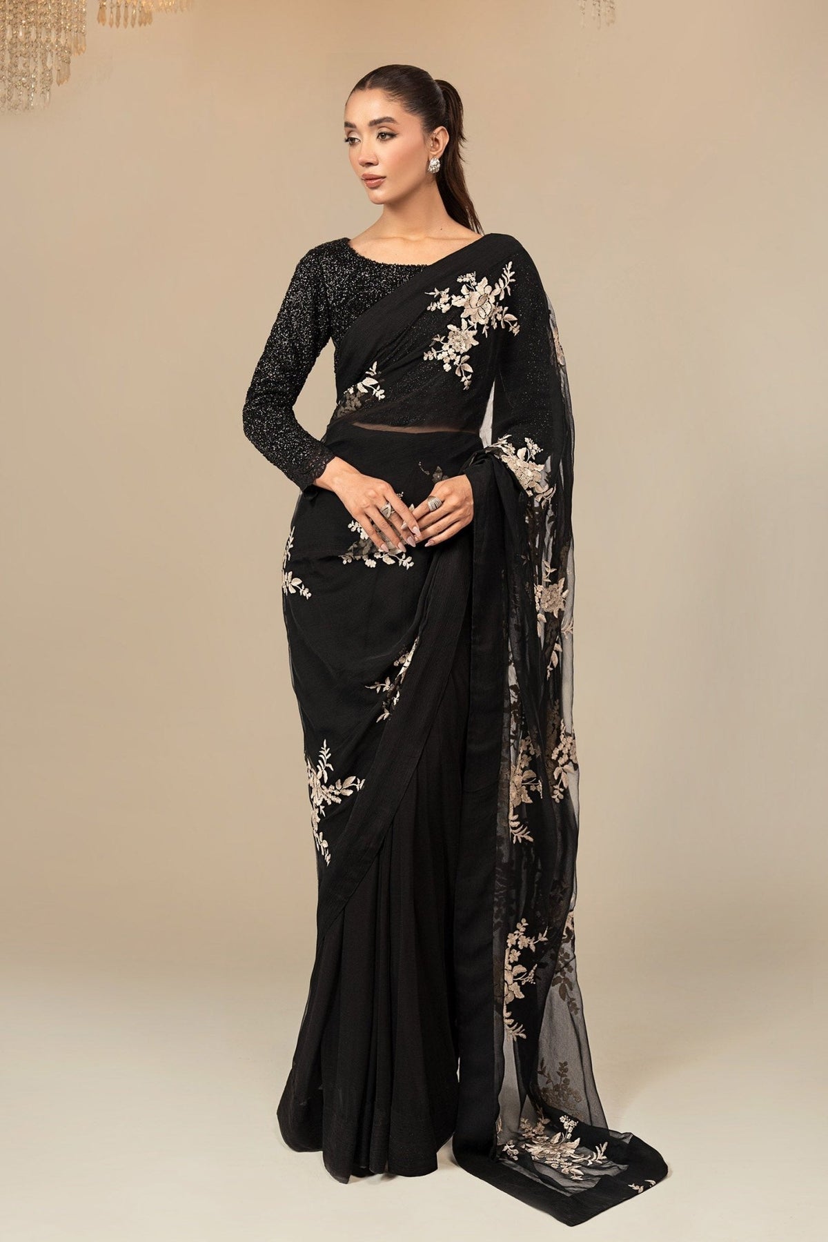 Maria B | RTW | Embroidered Chiffon Saree-Brand:Maria B-Type:Luxury Formals-Black - House of Maryam- Buy in UK, USA